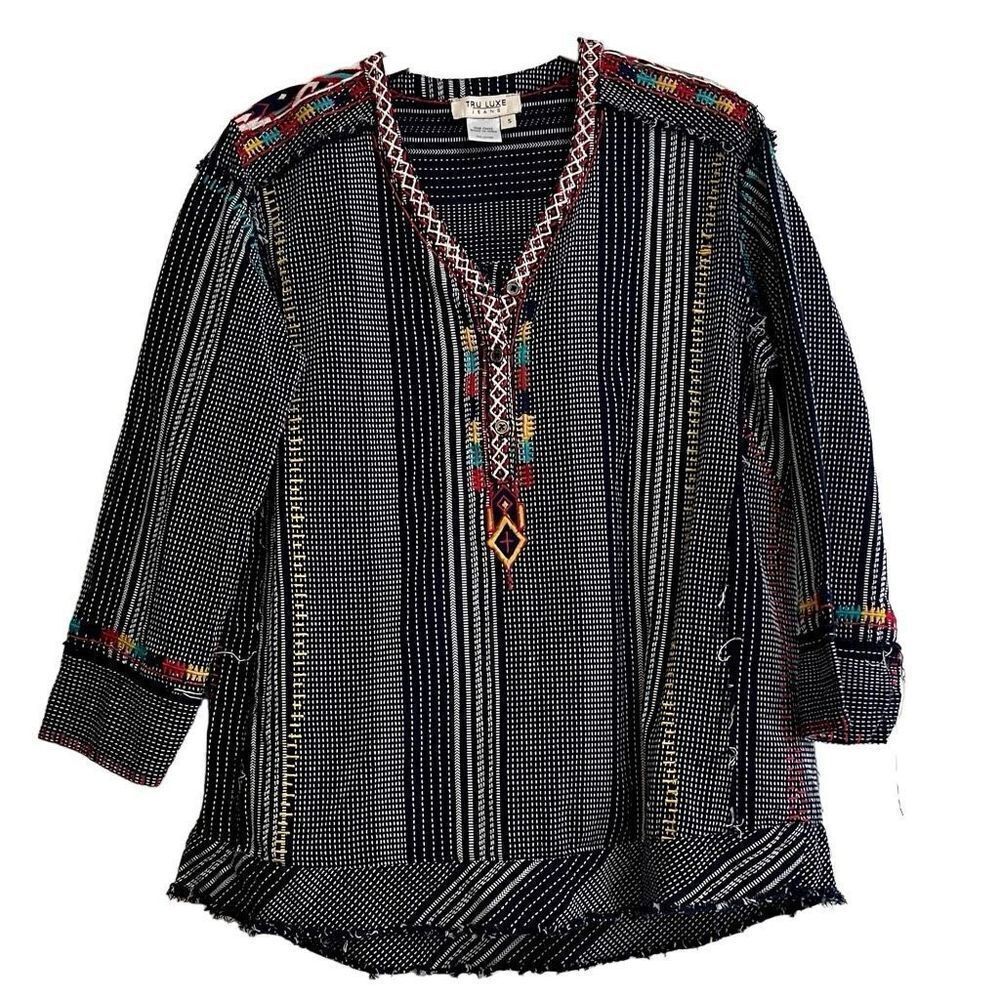 Tru Luxe Embroidered V-Neck Stripe Rough Cut Multicolored Top Small